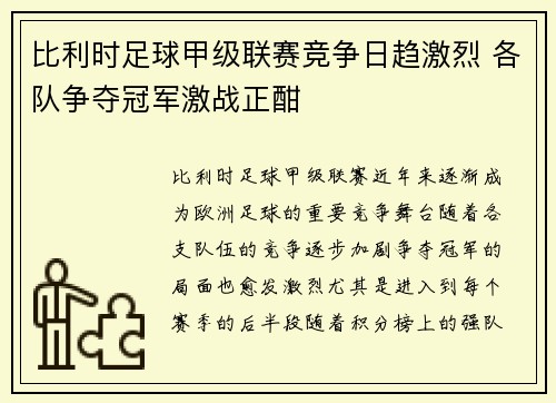 比利时足球甲级联赛竞争日趋激烈 各队争夺冠军激战正酣