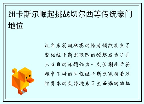纽卡斯尔崛起挑战切尔西等传统豪门地位
